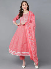 Women Peach Rayon Embroidered Anarkali Kurta Pant Set With Dupatta